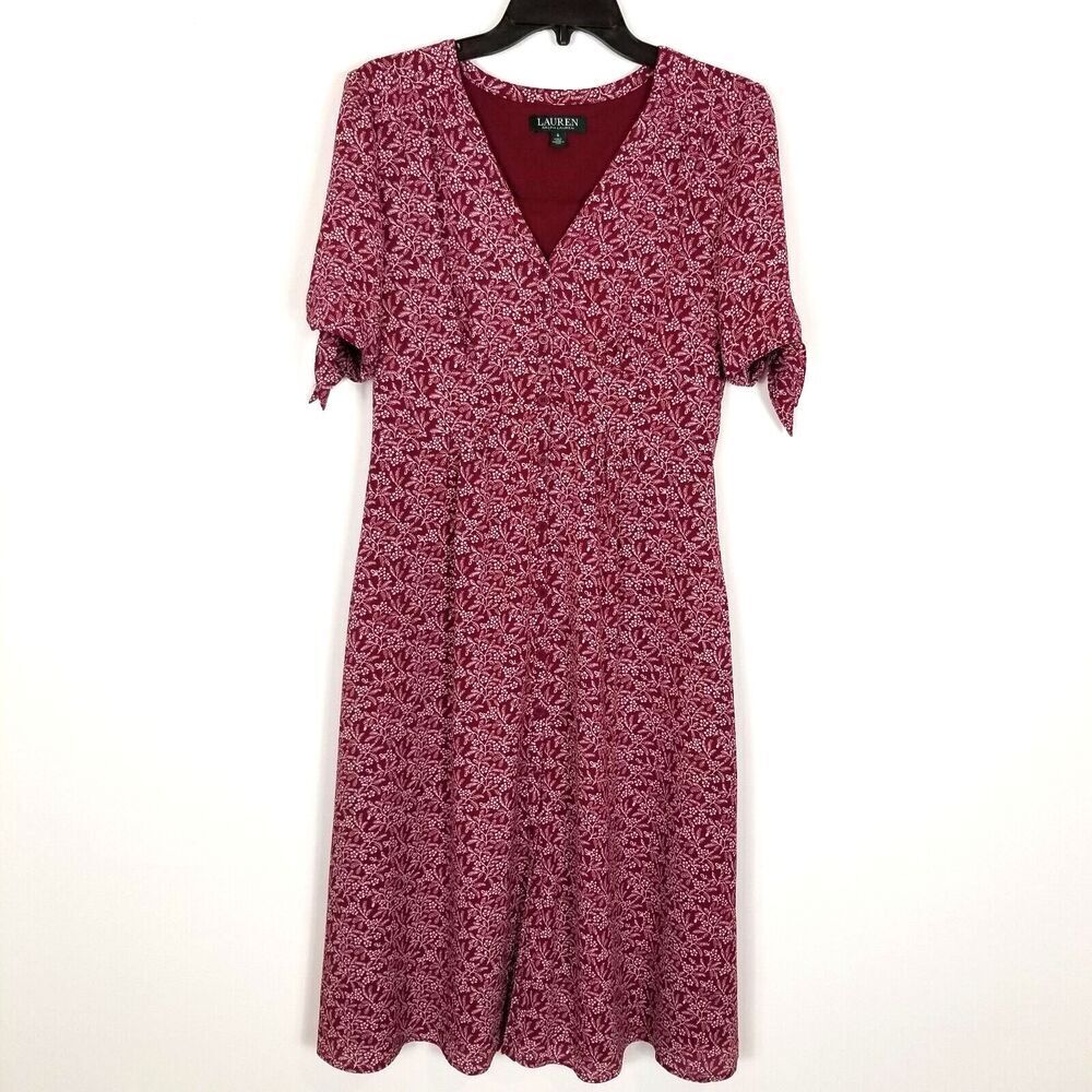 Lauren Ralph Lauren Women Floral Crepe Short Sleeve Midi‎ Dress Sz 6 Red Button